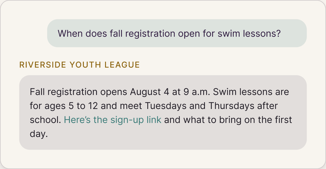 The Answers Integration on a partner's website, answering a parent's question about fall registration.